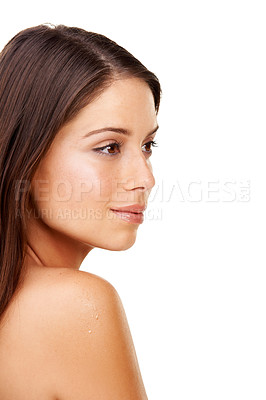 Buy stock photo Body, skincare and profile of woman relax in studio, white background or dermatology in beauty salon or spa. Natural, face or girl with cosmetics, facial or treatment for wellness and glow on skin