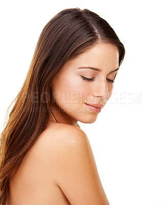 Buy stock photo Woman, skincare and relax with peace in studio, white background or dermatology in beauty salon or spa. Natural, face or girl with cosmetics, facial or collagen treatment for wellness or glow on skin