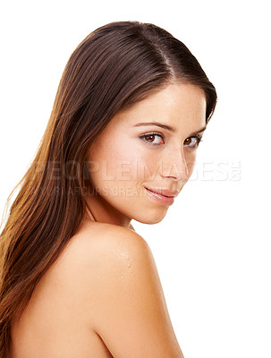 Buy stock photo Woman, smile and portrait of skincare in salon, spa or studio with white background for cosmetic dermatology. Healthy, hair and natural facial results with happy, wellness and beauty from cosmetics