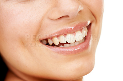 Buy stock photo Closeup, mouth or woman with teeth, self care or whitening with wellness, hygiene or breathing on a white studio background. Person, girl or model with oral health, happiness or dentist treatment