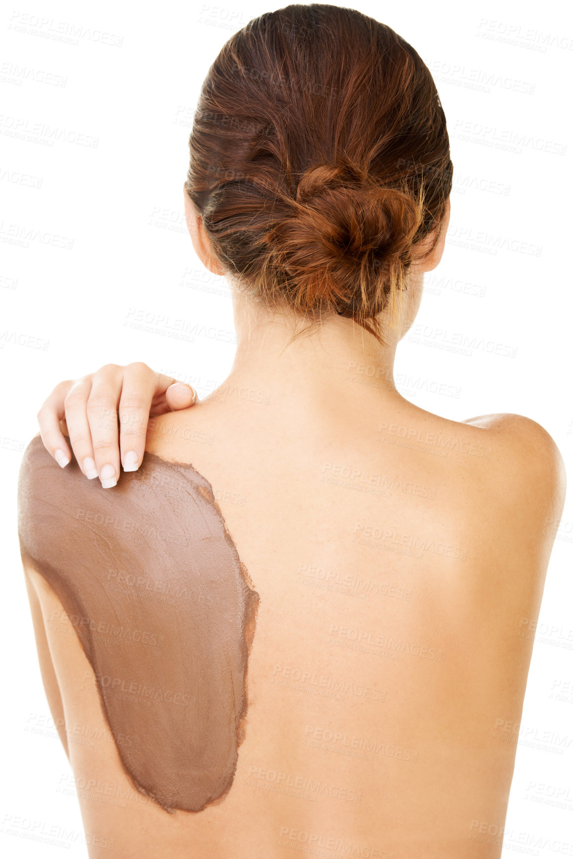 Buy stock photo Mud, skincare and treatment on back of woman with detox or cosmetics in white background or studio. Natural, dermatology and person with application of dirt, care or exfoliate skin and body in spa