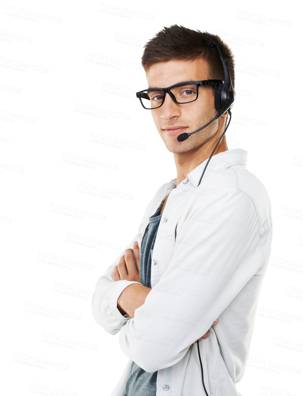 Buy stock photo Portrait, man and headset for call centre in studio on white background for mockup in communication. Male agent, arms crossed and confidence with career, job or occupation in telemarketing for sale