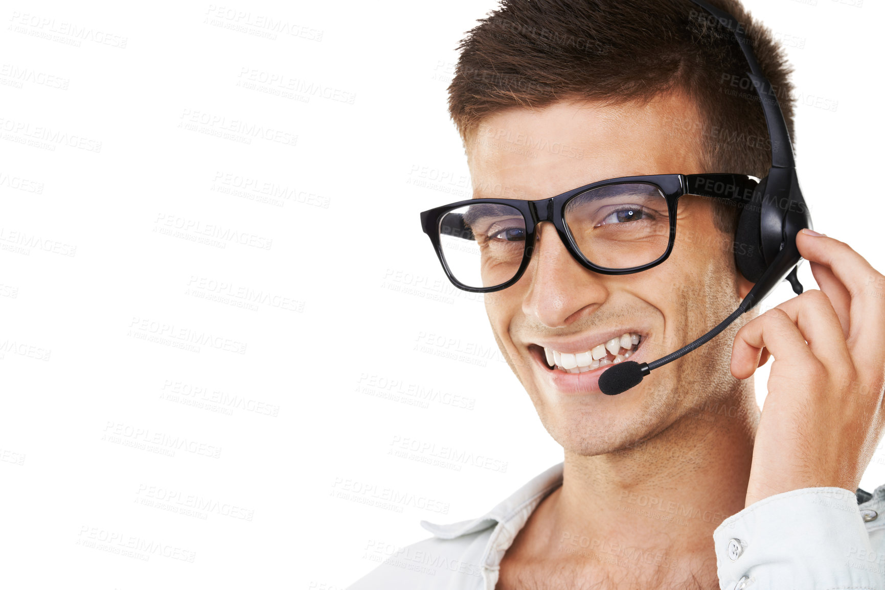 Buy stock photo Man, smile and headset for telecommunication in studio for call centre mockup on white background in portrait. Male agent, glasses and happy for career, occupation or profession in customer service