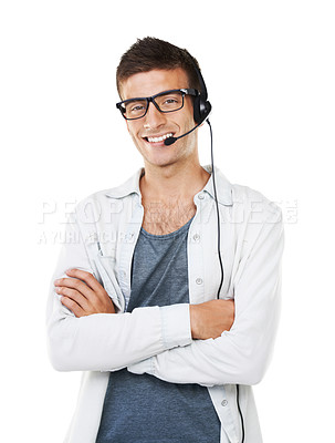 Buy stock photo Portrait, call center and business man with arms crossed isolated on a white background. Face, happy sales agent and confident telemarketing consultant in headphones, crm or customer service in Spain