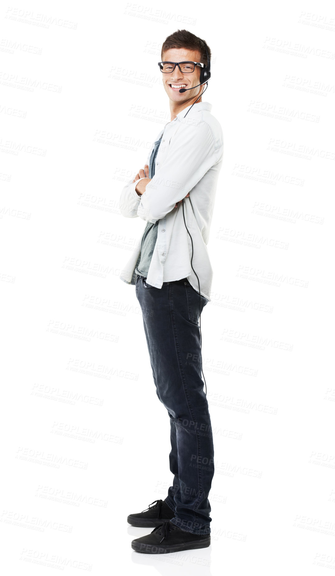 Buy stock photo Portrait, call center and business man with arms crossed, headphones and mockup isolated on a white background. Confident sales agent, telemarketing and happy consultant in customer service in Spain