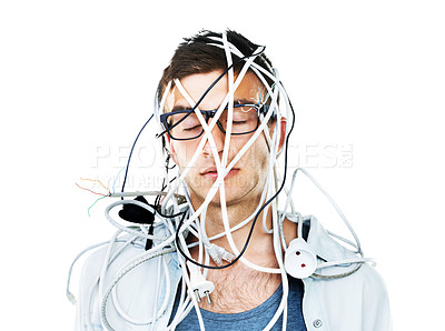 Buy stock photo Man in glasses tangled in wire, cables and sleeping isolated on a white background. Geek with cord, line or wiring for electrical technology of nerd resting, mistake and problem, disaster or struggle