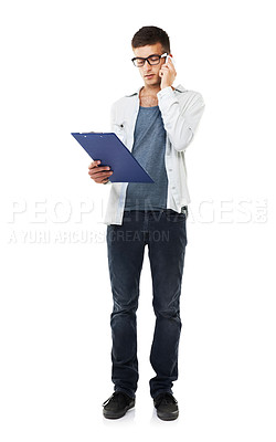 Buy stock photo Young man, checklist documents and phone call for university application, education information or sign up in studio. Student talking on mobile with clipboard for registration on a white background