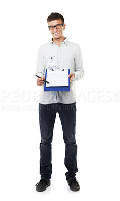 Buy stock photo Clipboard, sign up and portrait of man with document, report or technician with checklist in white background. Studio, technical support and geek smile with pen for signature, logistics or paper