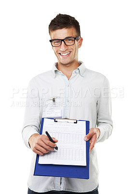 Buy stock photo Happy, man and portrait with checklist to sign for logistics, document or technical support paperwork. Technician, face and smile with clipboard, pen or signature for service in white background