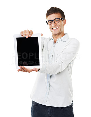 Buy stock photo Business man, tablet and screen mockup for website design, online presentation and startup information in studio. Portrait of happy person with digital technology or opportunity on a white background