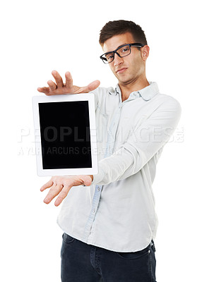 Buy stock photo Business man, tablet and screen space for website design, online presentation and startup information in studio. Portrait of person in glasses, digital technology or opportunity on a white background