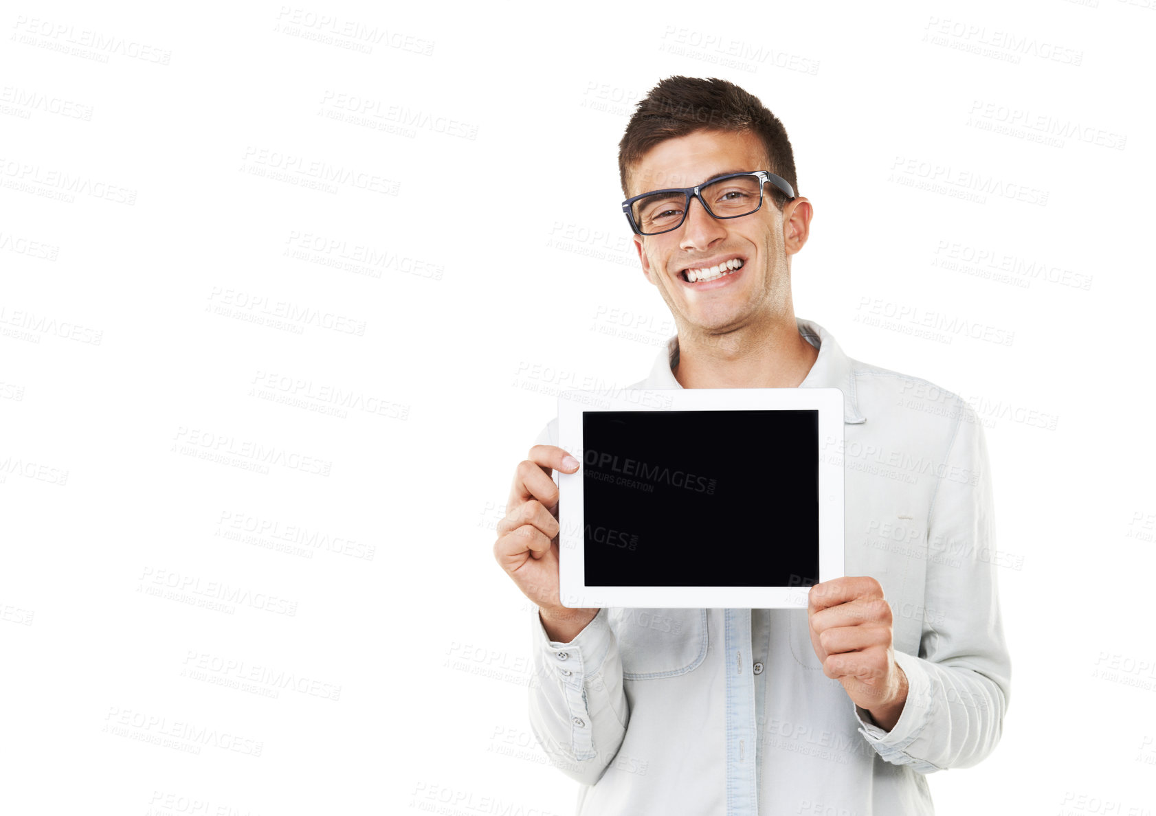 Buy stock photo Man, student and tablet screen for online education, e learning or college website on a white background. Portrait of young person on digital technology, mockup and study software or app in studio