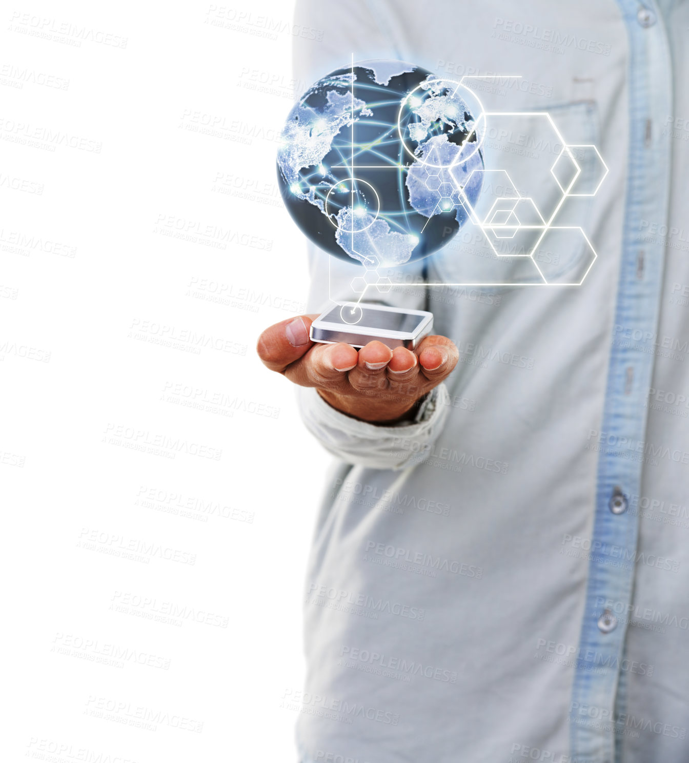 Buy stock photo A close up of a man's hand holding a digital world globe with a white background