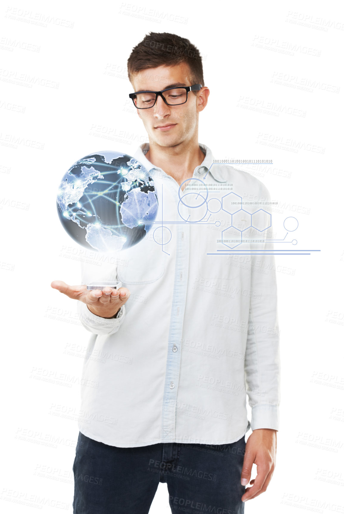 Buy stock photo Portrait, planet or man with globe hologram for development with international connection or internet. Digital world, male person or model with holographic Earth isolated on white studio background