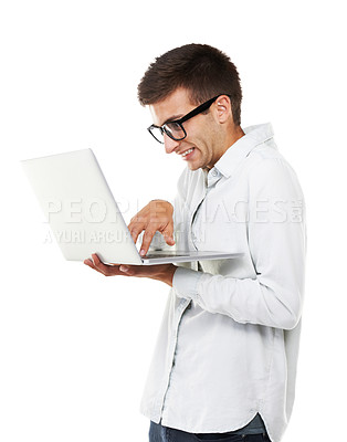 Buy stock photo Geek, business man typing on laptop and isolated on a white background. Nerd in glasses on computer, digital technology and funny IT programmer coding, writing email online and research on internet