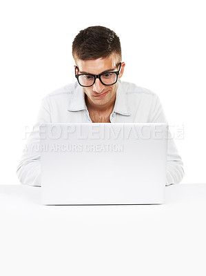 Buy stock photo Nerd, business man on laptop at desk and coding software isolated on a white background. Geek in glasses typing on computer at table, technology or IT programmer writing email online on mockup space