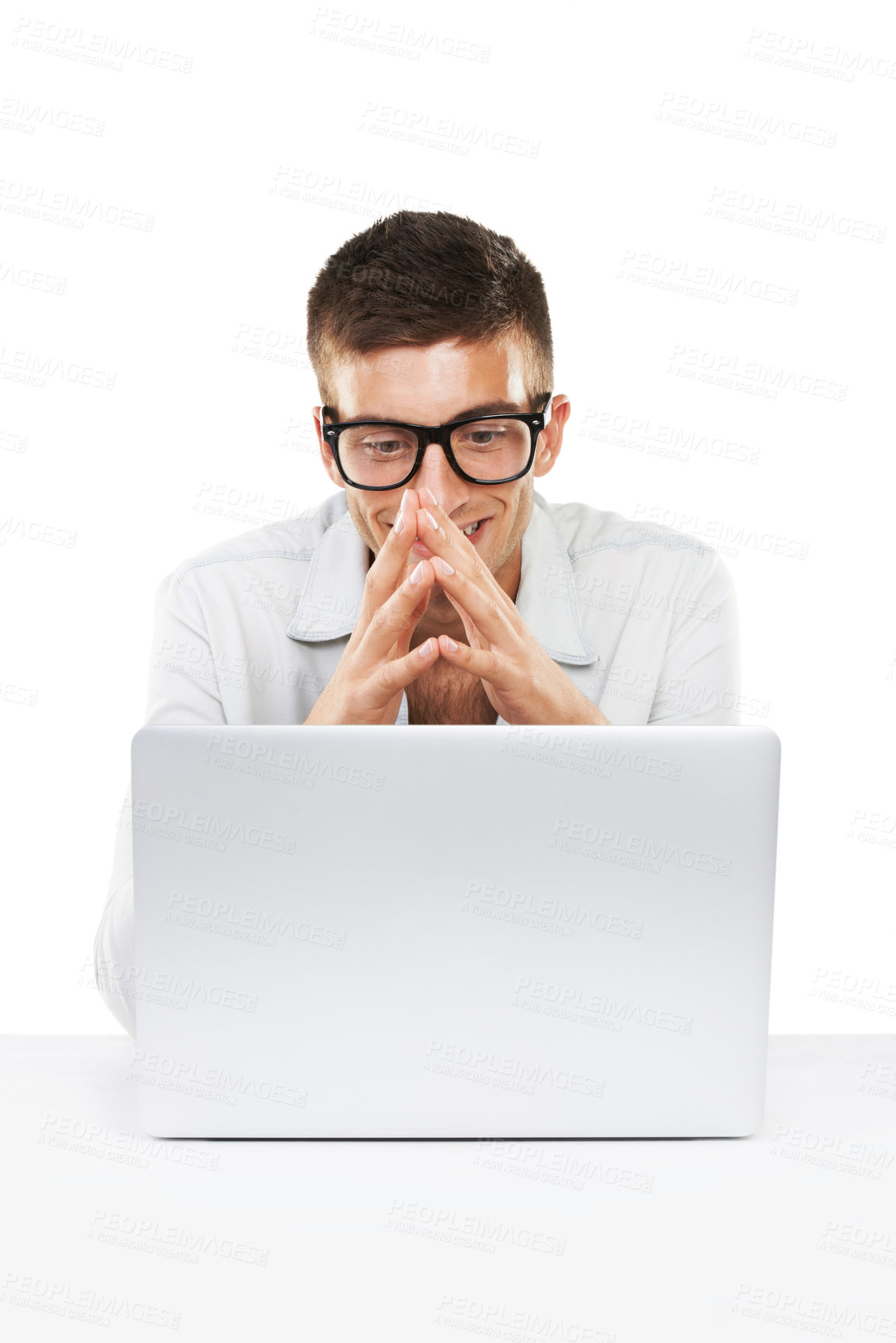 Buy stock photo Happy nerd, business man on laptop at desk or coding software isolated on a white background. Smile of geek in glasses on computer at table, technology or IT programmer reading email on database info