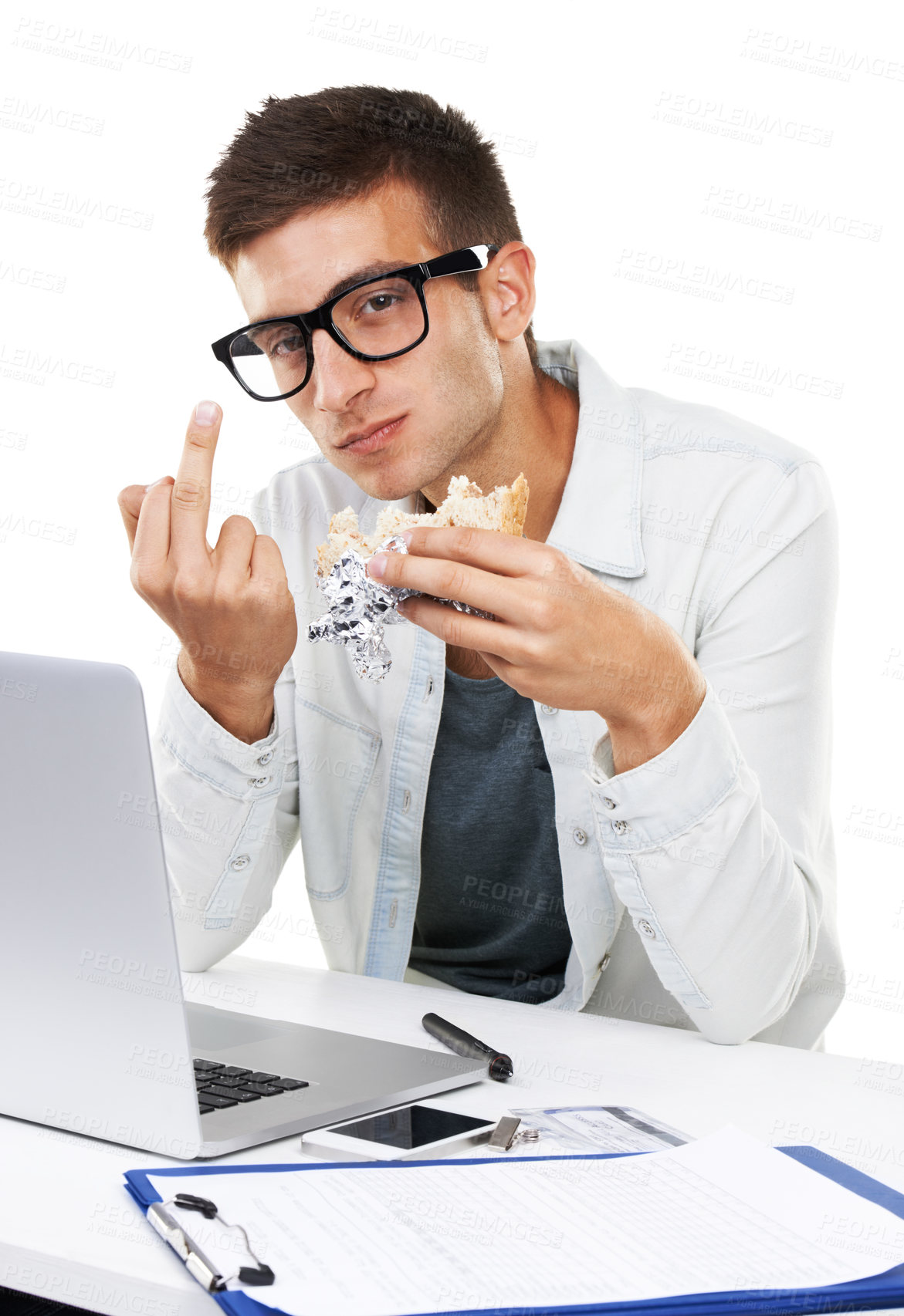 Buy stock photo Portrait of man, eating lunch and middle finger in studio isolated on a white background. Business person, sandwich and hand gesture at desk on laptop with rude sign, conflict expression and emoji