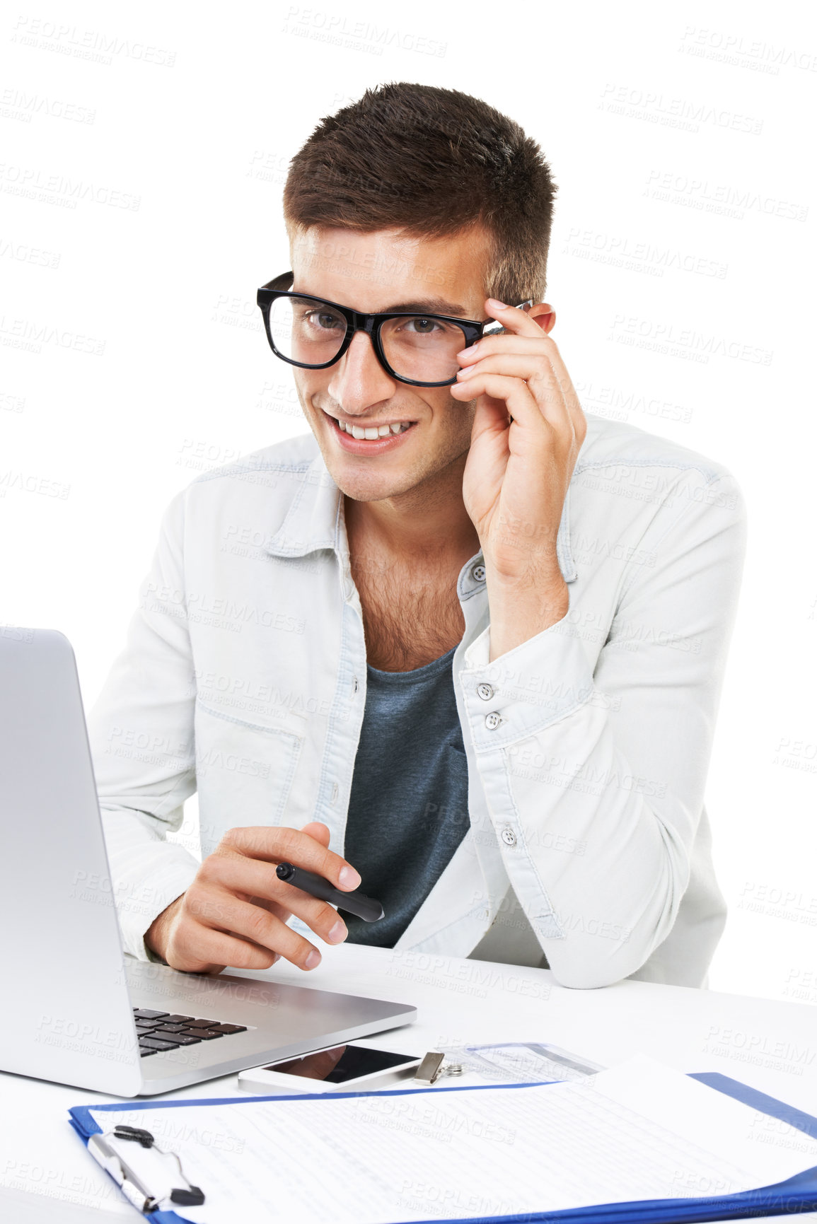 Buy stock photo Portrait, business man with glasses and laptop at table isolated on a white background. Face, smile and geek at desk on computer, digital technology and IT programmer, coding and software in Canada