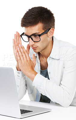 Buy stock photo Serious, thinking business man on laptop at desk and geek coding software isolated on white background. Nerd on computer, IT programmer problem solving or reading email,  decision making or planning