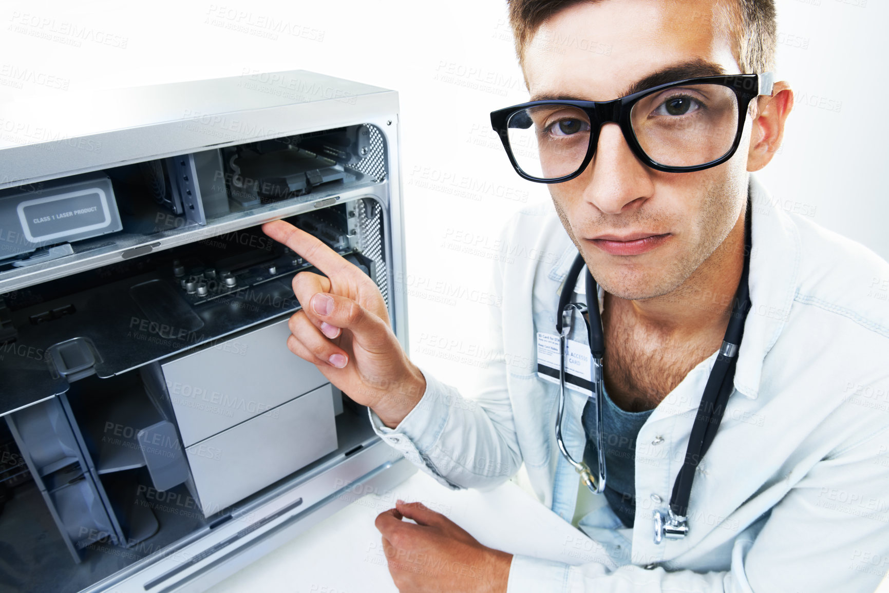 Buy stock photo Computer technician, man and pointing at tech hardware, electronics or machine internal problem, fail or risk. Appliance maintenance, serious studio portrait or IT support gesture on white background