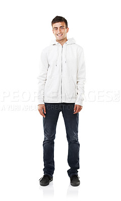 Buy stock photo Portrait, smile and man in hoodie for fashion isolated on white studio background. Happy young person, face of model and stylish clothes, casual and cool in trendy streetwear in Spain on mockup space