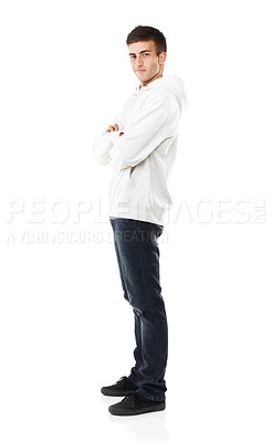 Buy stock photo Portrait, arms crossed and man in hoodie for fashion isolated on white studio background. Confident young person, model and clothes, casual style or cool in trendy streetwear in Spain on mockup space