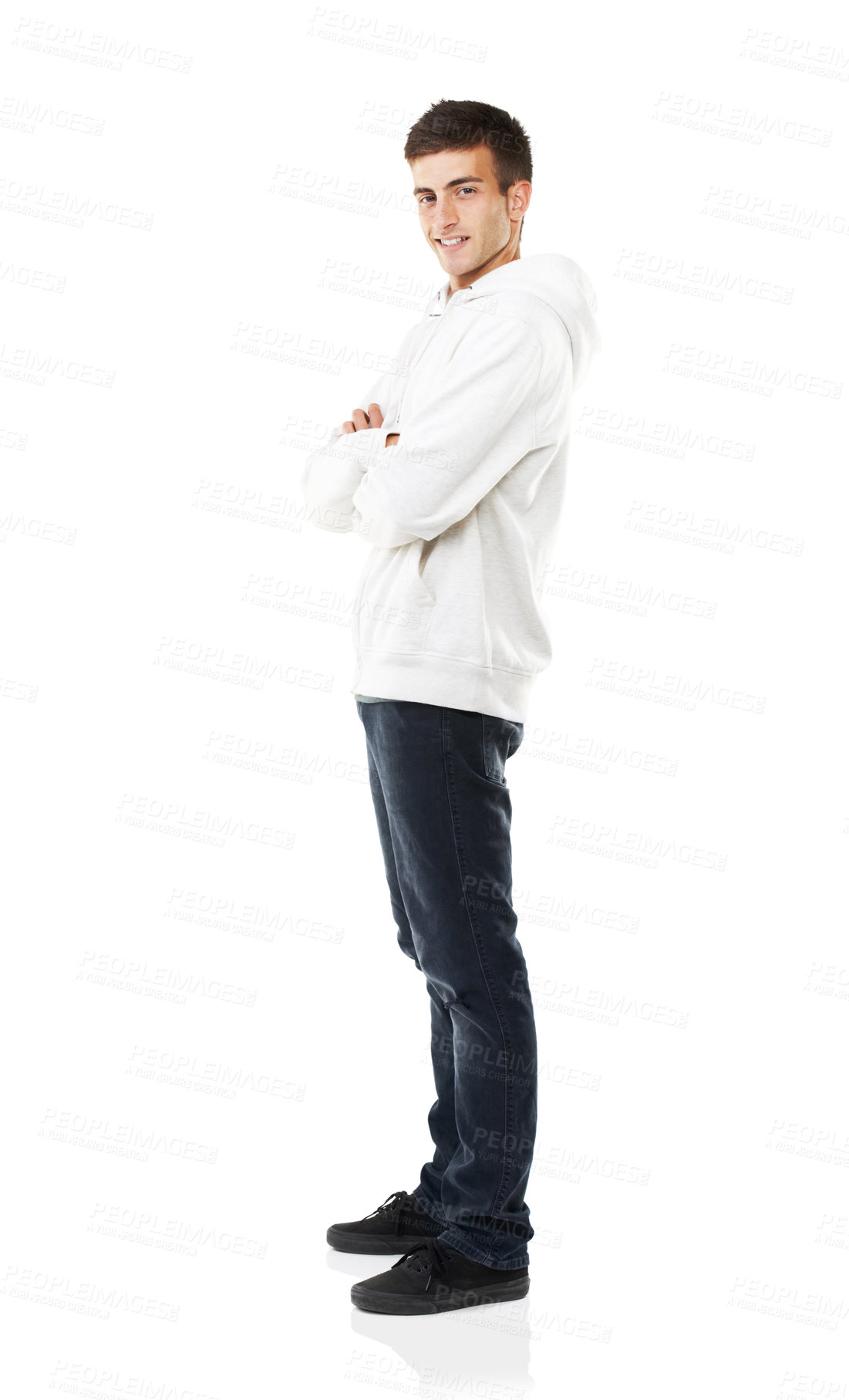 Buy stock photo Portrait, man and smile with arms crossed in studio with casual fashion, jacket and jeans for style on white background. Happy young guy with confidence, good mood and positive attitude from Russia 