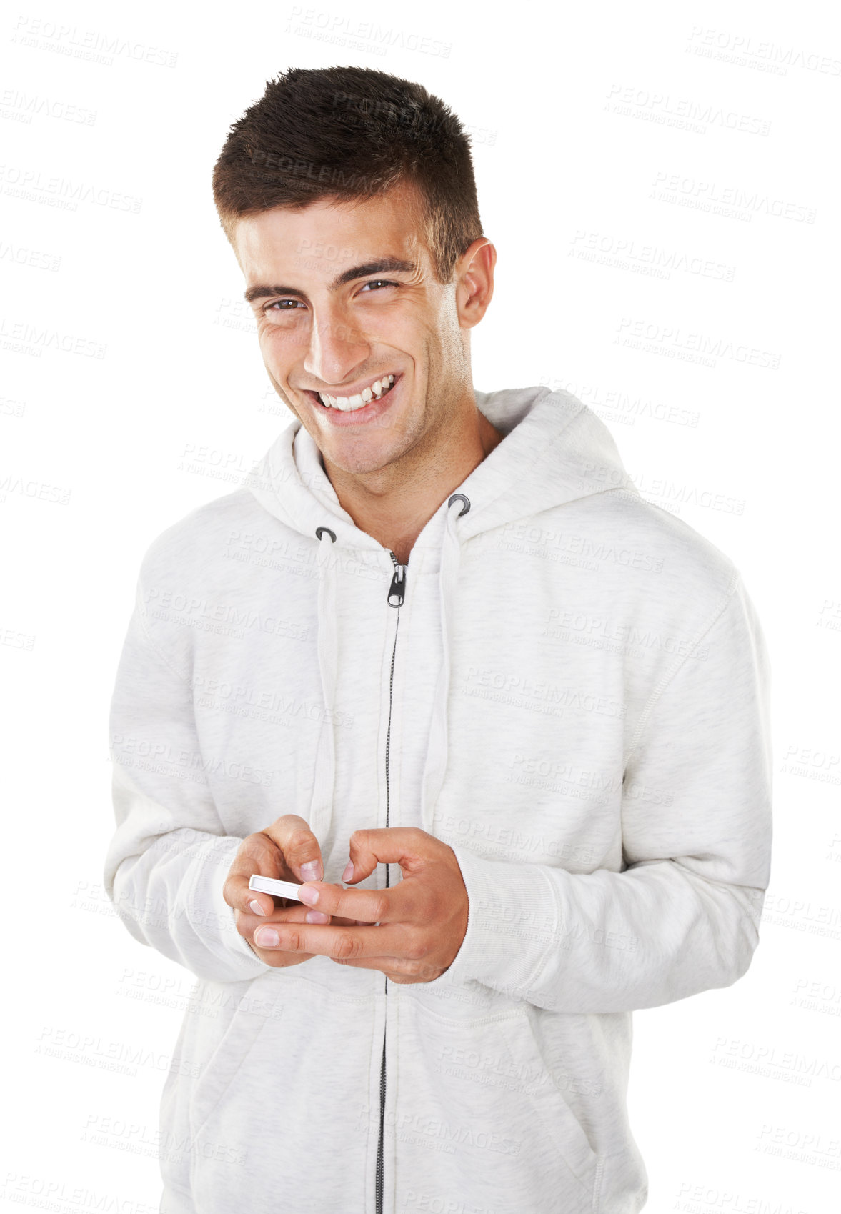Buy stock photo Phone, studio or portrait of happy man on social media or online for entertainment blog or texting on web. Isolated white background, smile or person on mobile app to scroll for news post on internet
