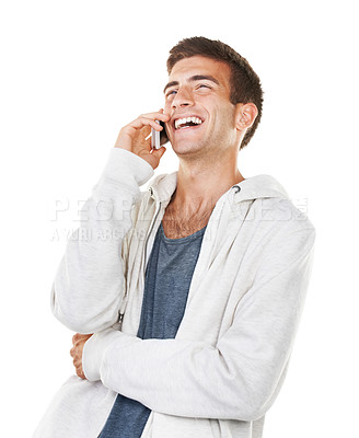 Buy stock photo Phone call, studio conversation and man laughing at funny joke, networking humour and talking with cellphone contact. Communication, comedy and person with smartphone connection on white background