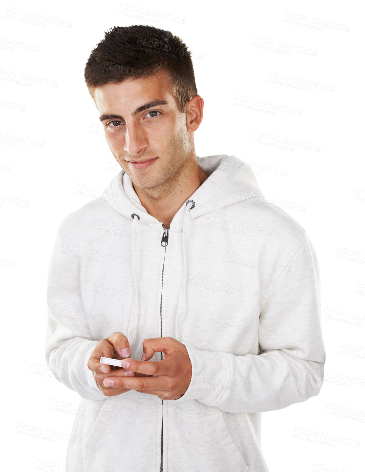 Buy stock photo Phone, studio or portrait of man on social media or online for entertainment blog or texting on tech website. Isolated, white background or person on mobile app to scroll for news post on internet