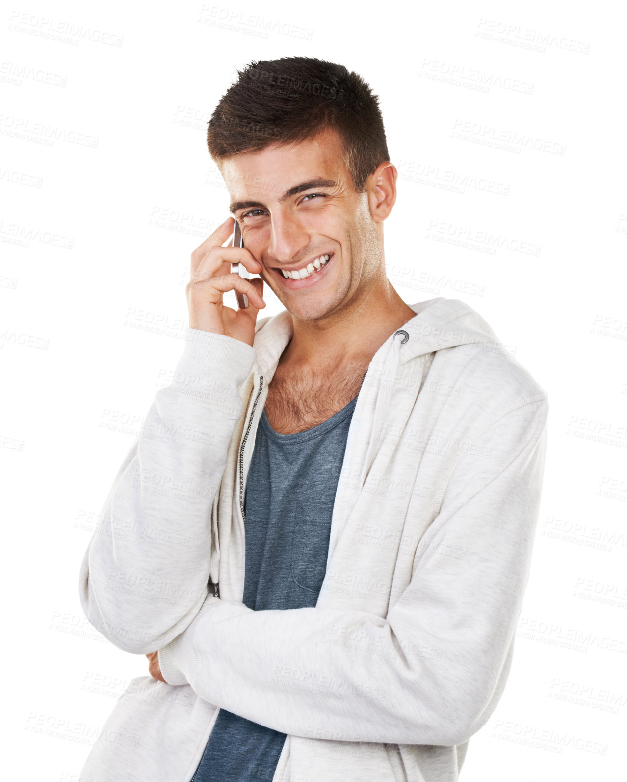 Buy stock photo Phone call conversation, studio portrait and happy man with funny joke, networking humour and talking on mobile. Communication, smile or studio person with smartphone connection on white background