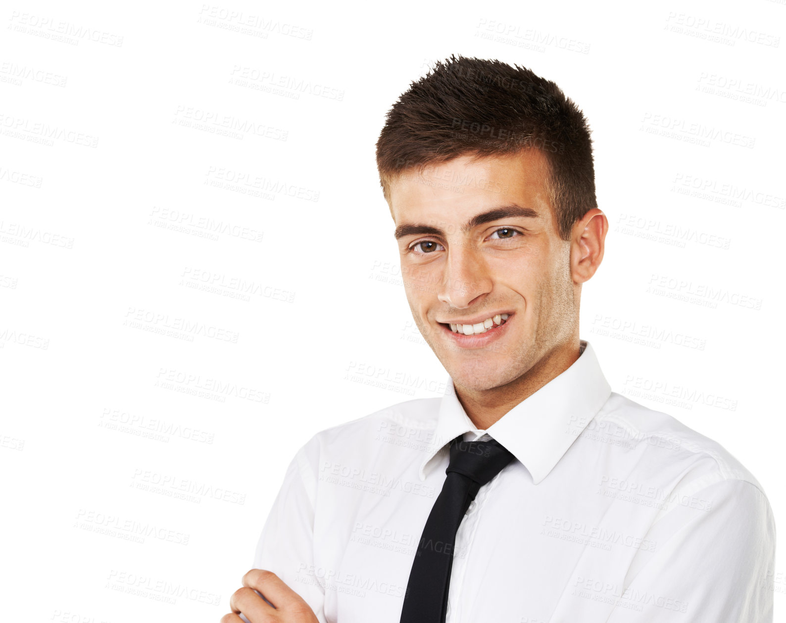Buy stock photo Happy businessman, portrait and face of professional standing in confidence against a white studio background. Young man, model or confident employee smile for career ambition or mindset on mockup