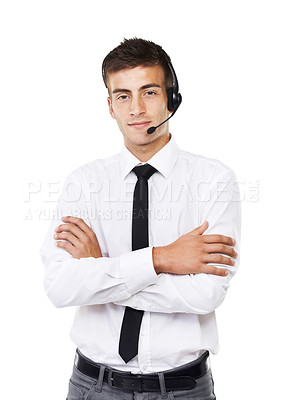 Buy stock photo Portrait of a business man with a headset on and his arms crossed