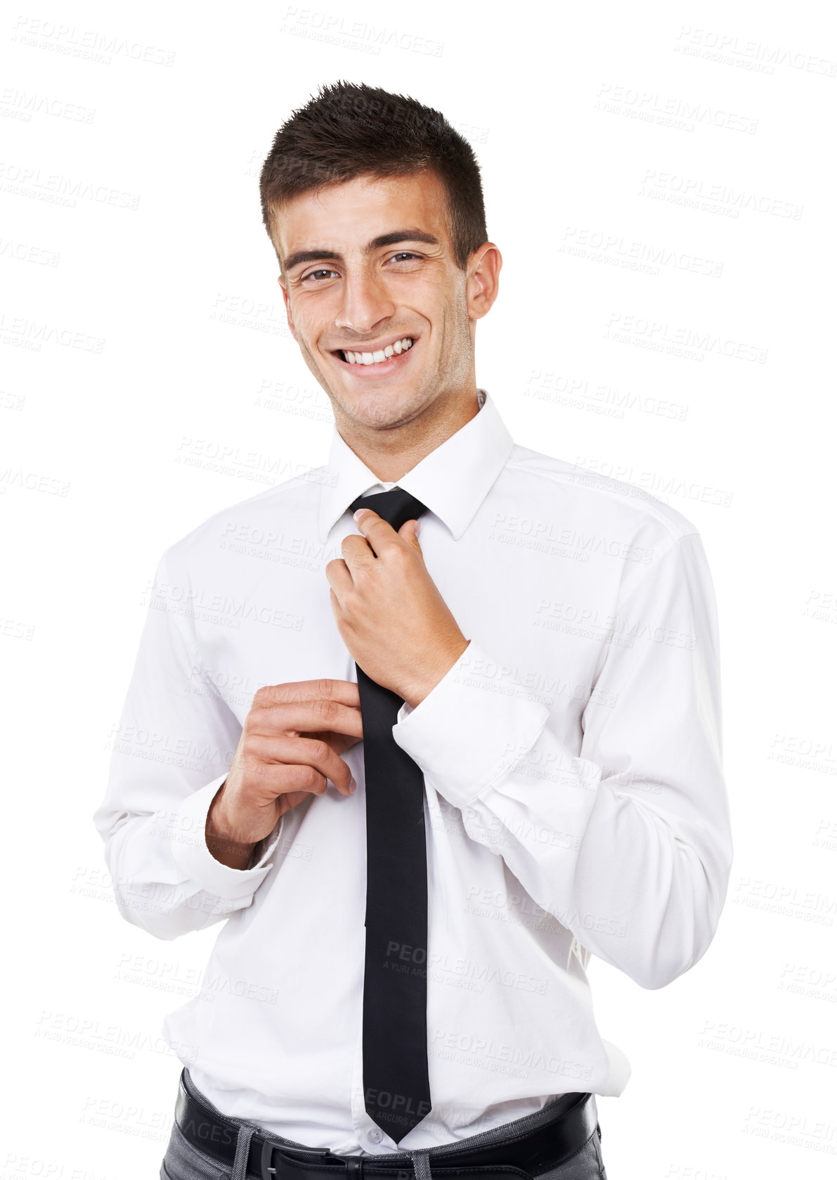 Buy stock photo Happy businessman, portrait and professional tie in confidence against a white studio background. Young man, model or confident employee standing with smile for career ambition or mindset on mockup
