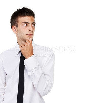 Buy stock photo Businessman, thinking and ideas for future in studio, white background or mockup space. Business, planning and man with a dream, inspiration mindset or solution for question and problem solving 