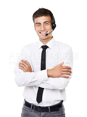 Buy stock photo Call center, man and portrait with arms crossed for customer service, CRM questions or IT support in studio on white background. Happy telemarketing salesman, consultant or microphone for telecom FAQ