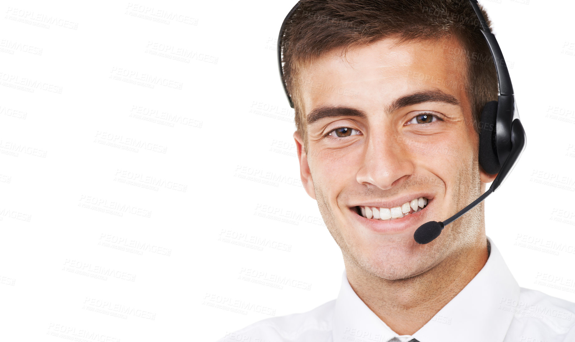 Buy stock photo Call center, portrait and smile of man with space for customer service, CRM questions and mockup on white background. Face of happy telemarketing salesman, consultant and microphone in studio for IT 