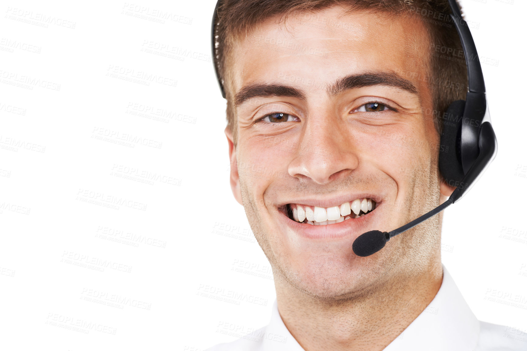 Buy stock photo Call center, happy portrait and man with space for customer service, CRM questions and mockup in studio on white background. Face of telemarketing salesman consulting with microphone for IT advisory 
