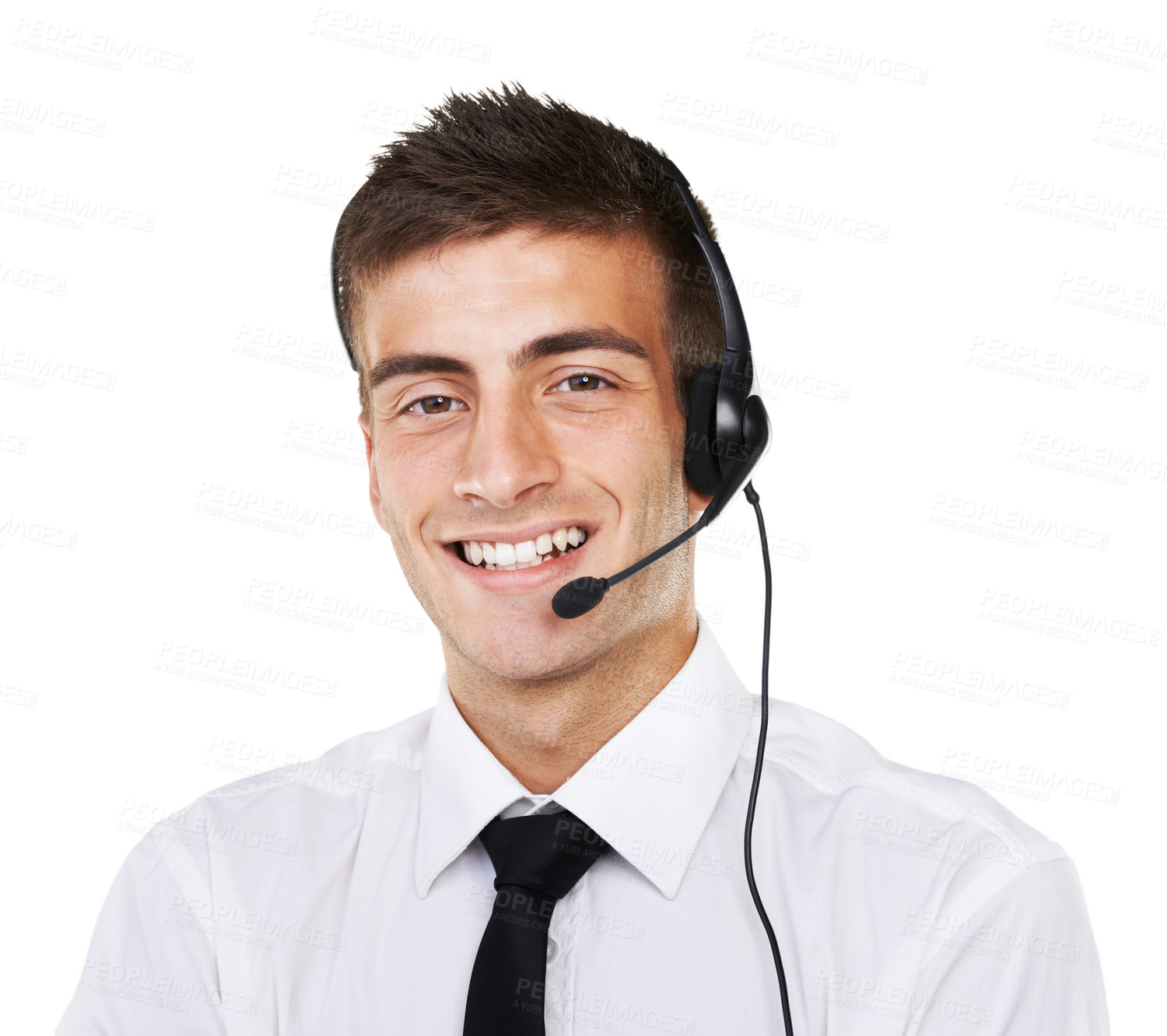 Buy stock photo Man, smile and headset for call centre in studio on white background for mockup in communication. Portrait, male agent and happy for choice in career, job or consultation for customer care by telecom
