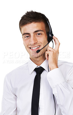 Buy stock photo Man, hand and headset for call centre in studio on white background for mockup in telecommunication. Portrait, male agent or consultant for customer care with sales, feedback and consumer reviews