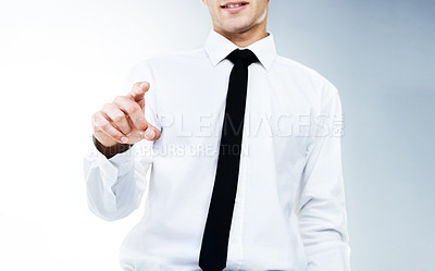 Buy stock photo Hand, press or businessman online for research, information database or isolated dashboard. Digital world, studio or entrepreneur closeup on touchscreen or futuristic technology on white background