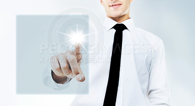 Buy stock photo Businessman, hand and touching overlay, HUD or dashboard for futuristic interaction on mockup space. Closeup of man, user or employee with holographic display, box or interface for UI, UX or screen
