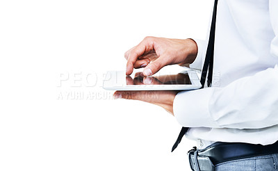Buy stock photo Tablet, studio or hands of businessman on social media online for entertainment blog or texting on web. Isolated white background, closeup or profile person on app to scroll on news post on internet