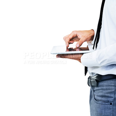 Buy stock photo Business hands, tablet and scroll for research, website design or project management software on a white background. Startup worker or person typing on digital technology or screen with studio mockup