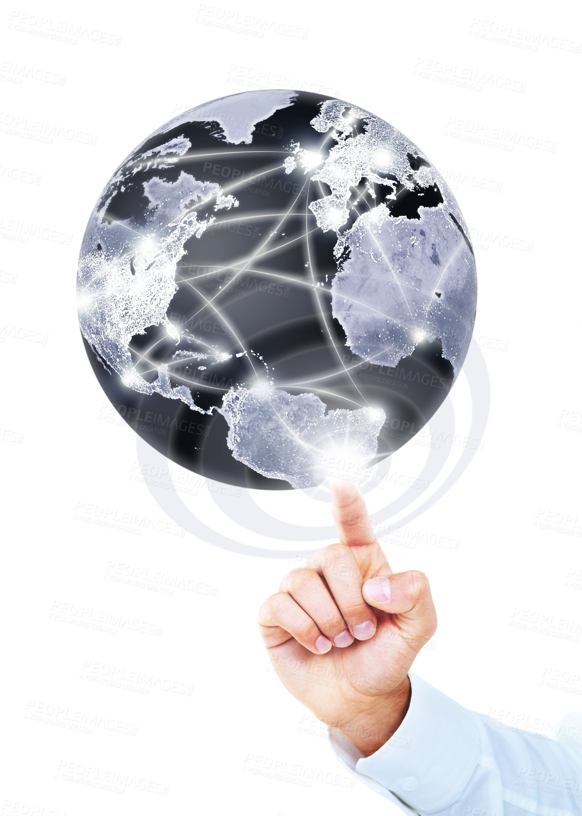 Buy stock photo Hand, world and globe with hologram, business and development with international supply chain, connection and internet. Person, model or worker with earth and holographic on a white studio background