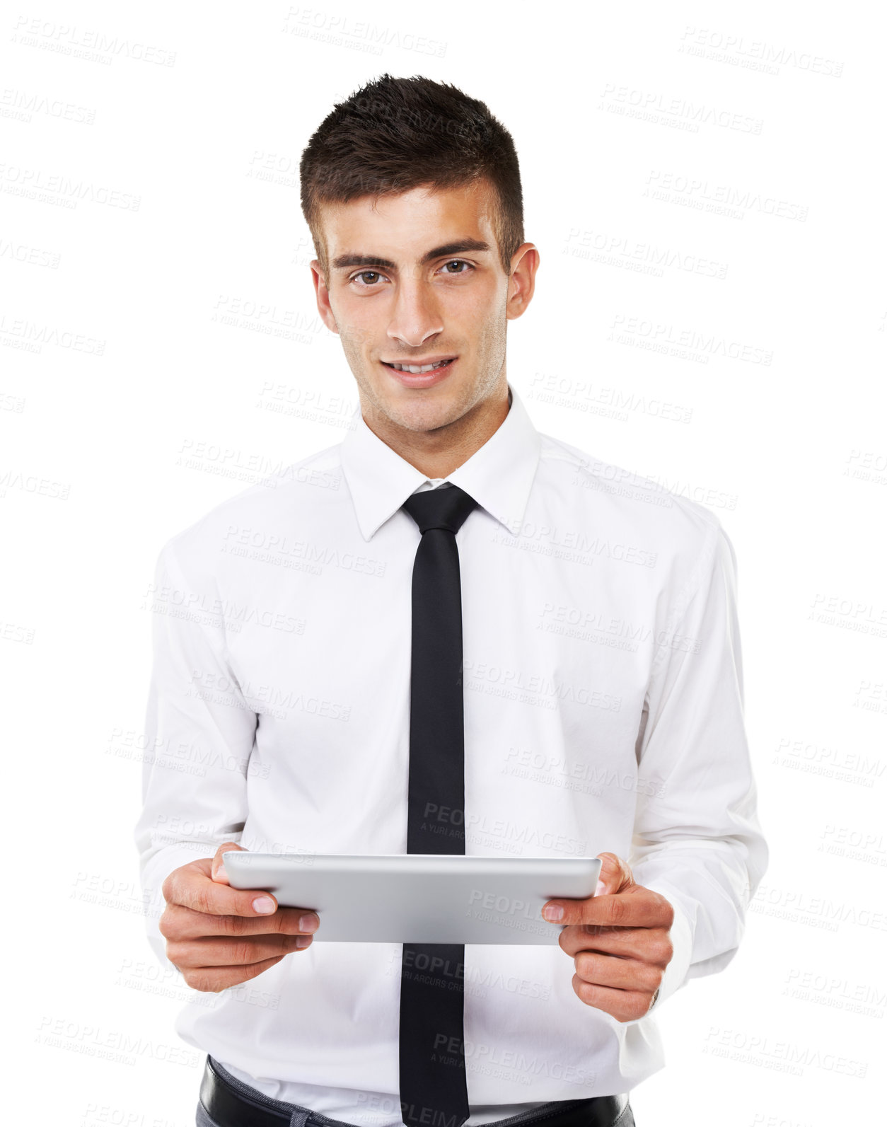 Buy stock photo Business man, portrait and tablet in studio for planning research, stock market information and update software on white background. Happy trader, digital app and social network for online connection