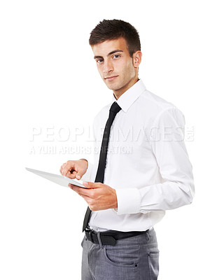Buy stock photo Business, portrait and man with tablet in studio to research information, update software or website on white background. Worker scroll on digital technology for social media, internet network or app