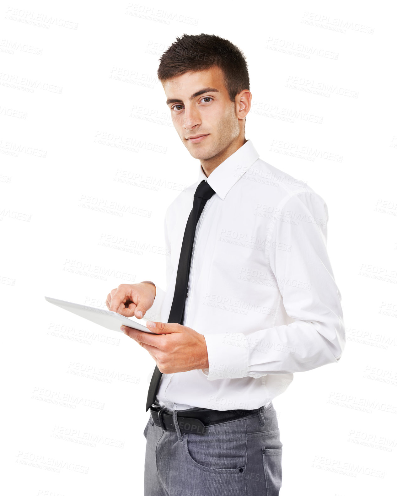 Buy stock photo Business, portrait and man with tablet in studio to research information, update software or website on white background. Worker scroll on digital technology for social media, internet network or app