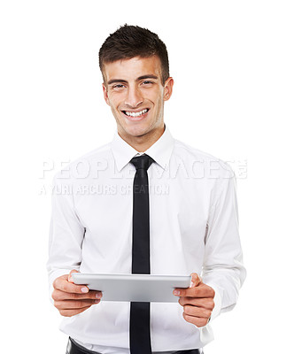 Buy stock photo Business man, portrait and smile with tablet in studio for research, information or update software on white background. Happy worker with digital technology for social media, internet network or app